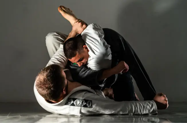 Two men training martial arts, Brazilian Jiu Jitsu grappling